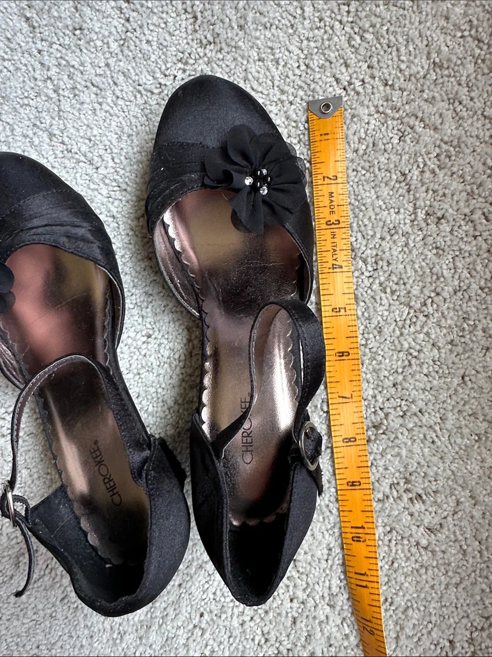 Vintage Cherokee Girls Youth Black Satin Dress Heels Floral Mary Jane Shoes 5